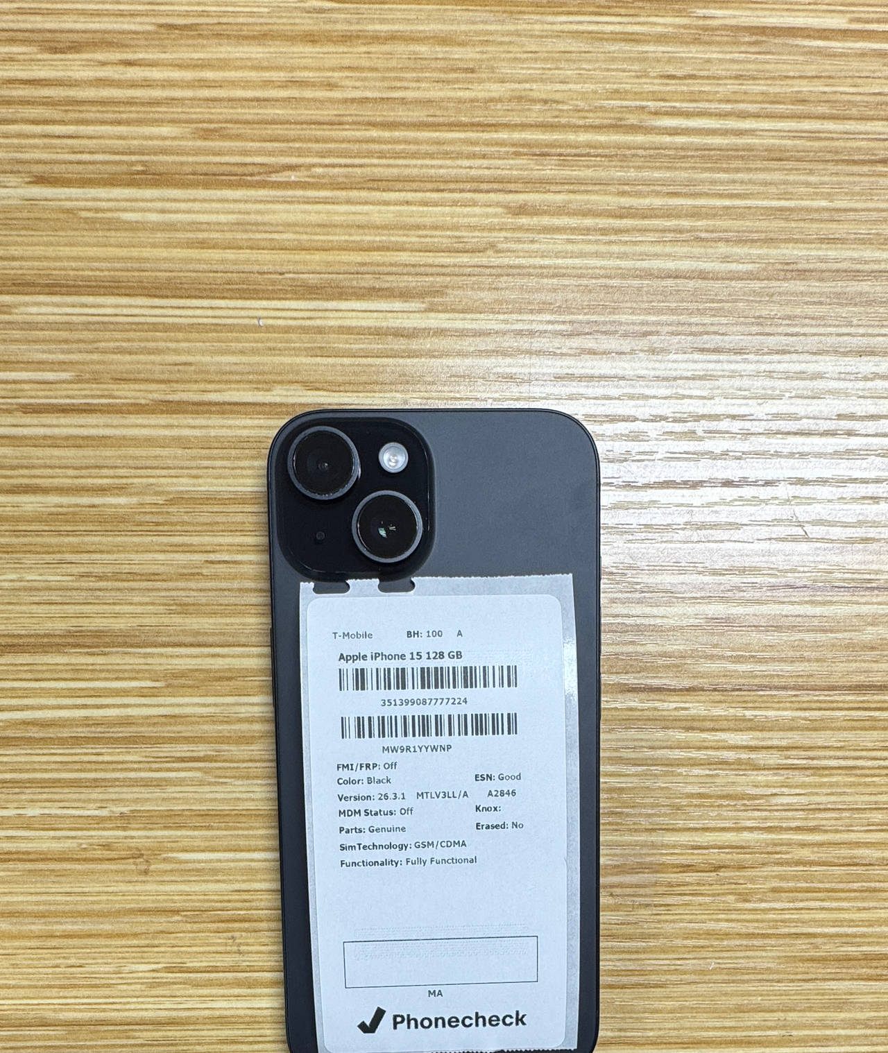 Apple iPhone 15 128GB Black (T-Mobile) 100% Battery