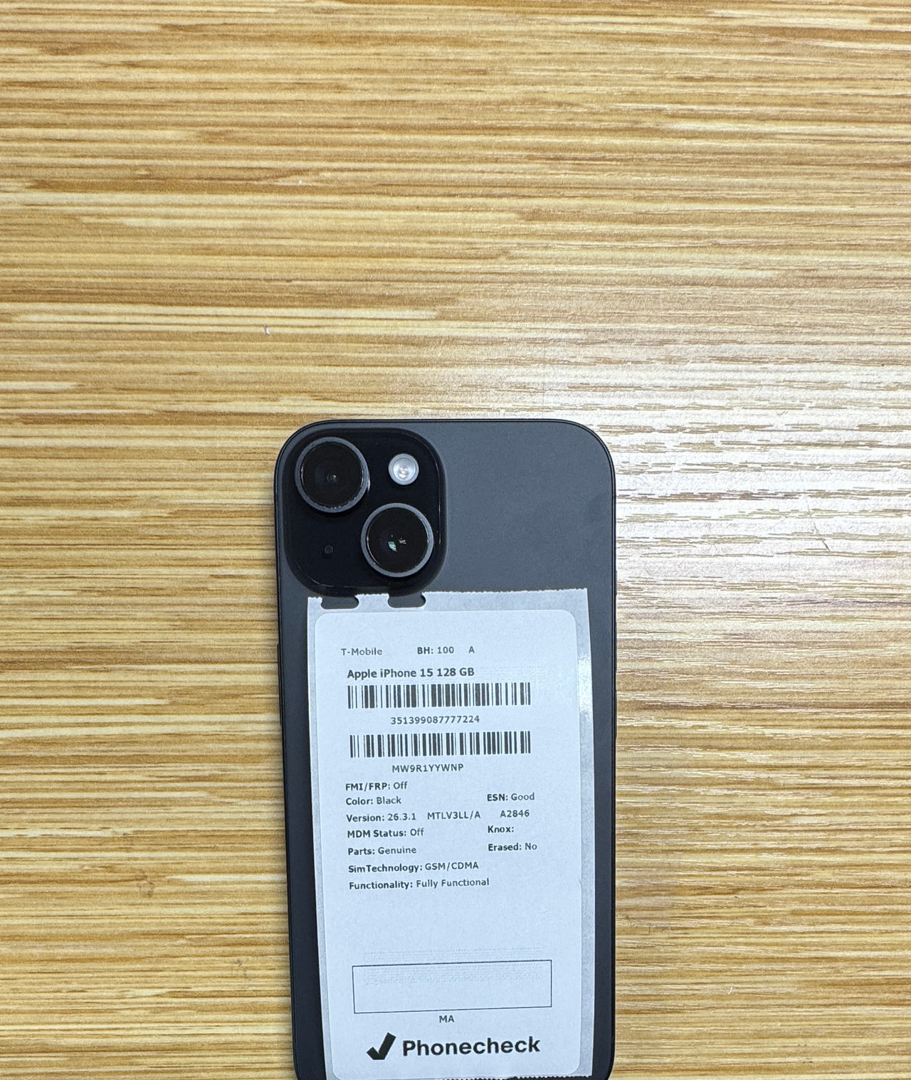 Apple iPhone 15 128GB Black (T-Mobile) 100% Battery