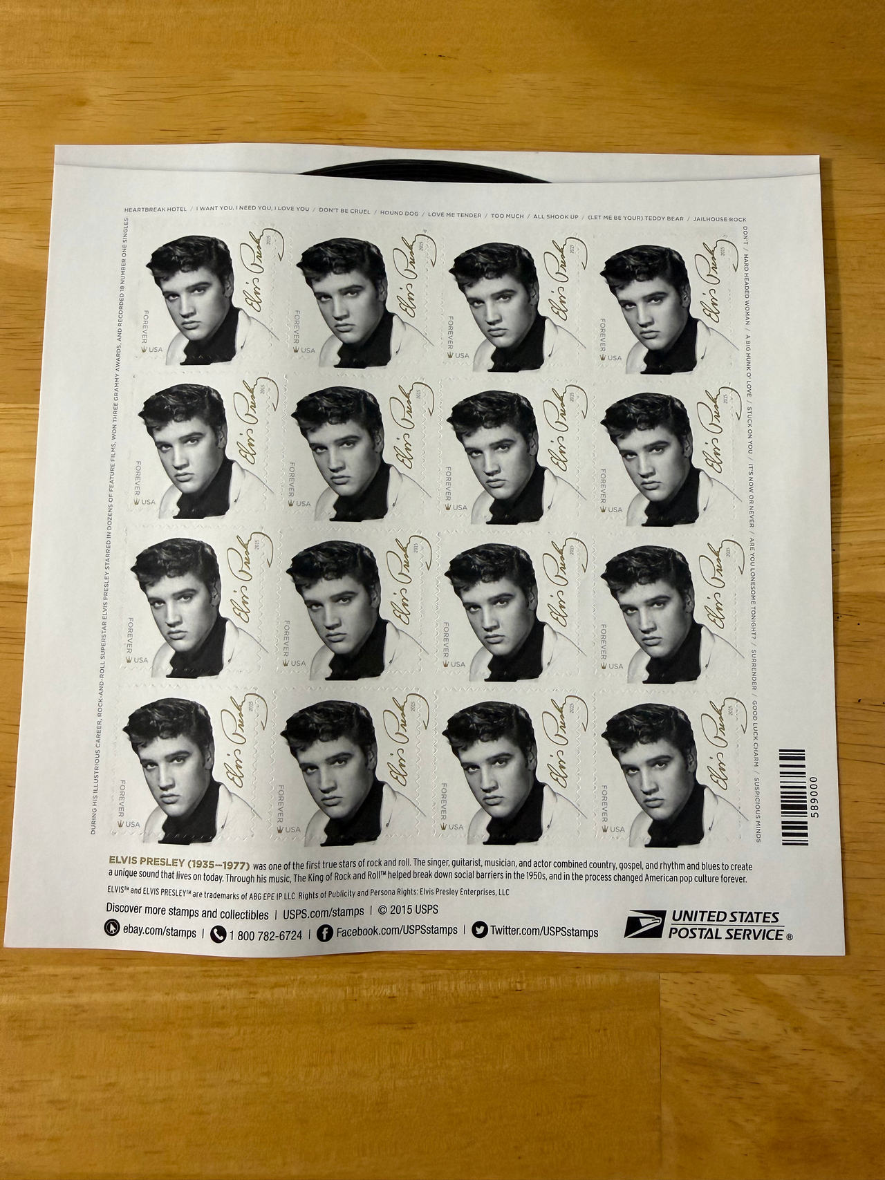 2015 USPS Elvis Presley Forever Stamp Sheet