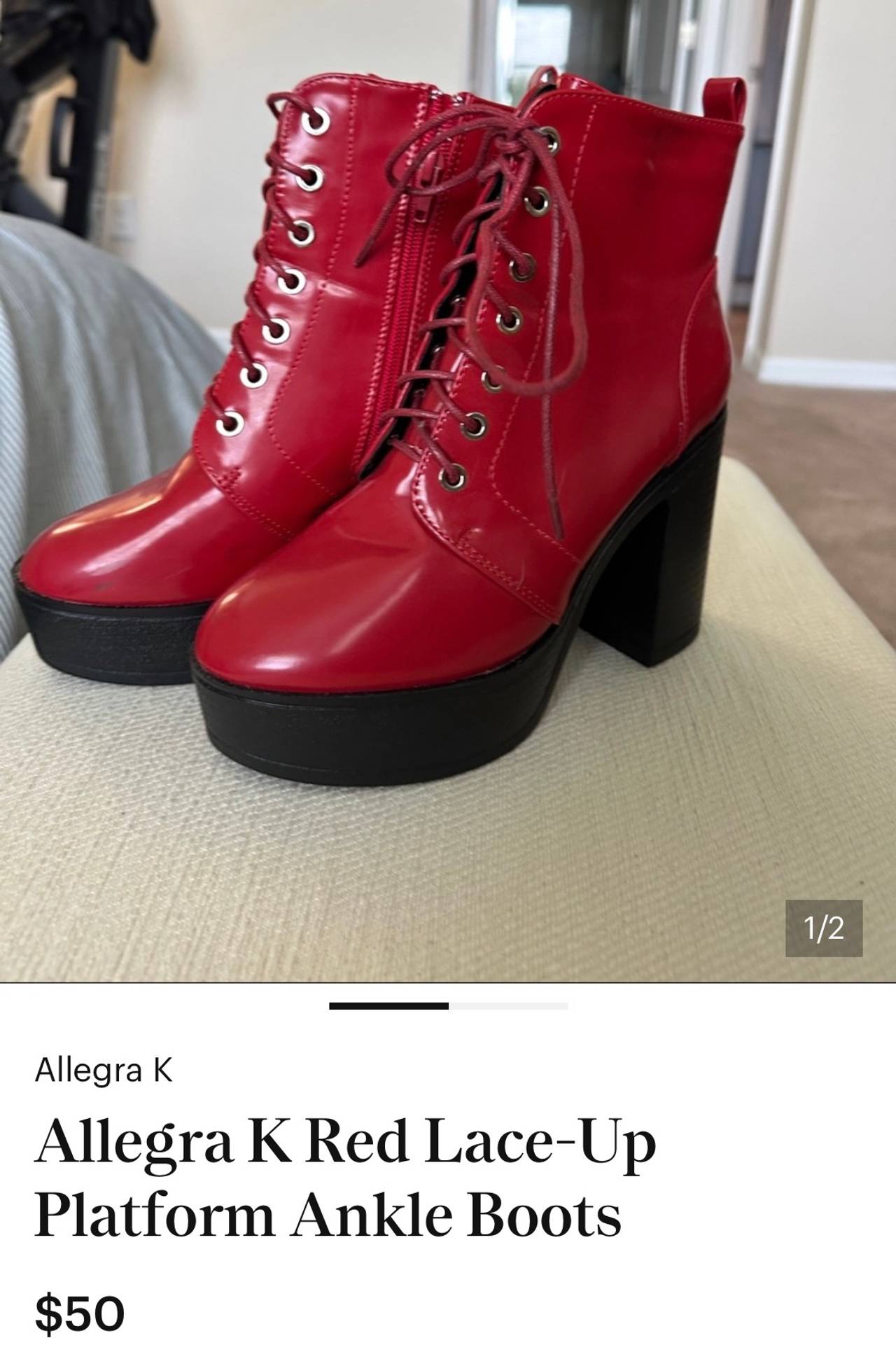 Allegra K Red Lace-Up Platform Ankle Boots