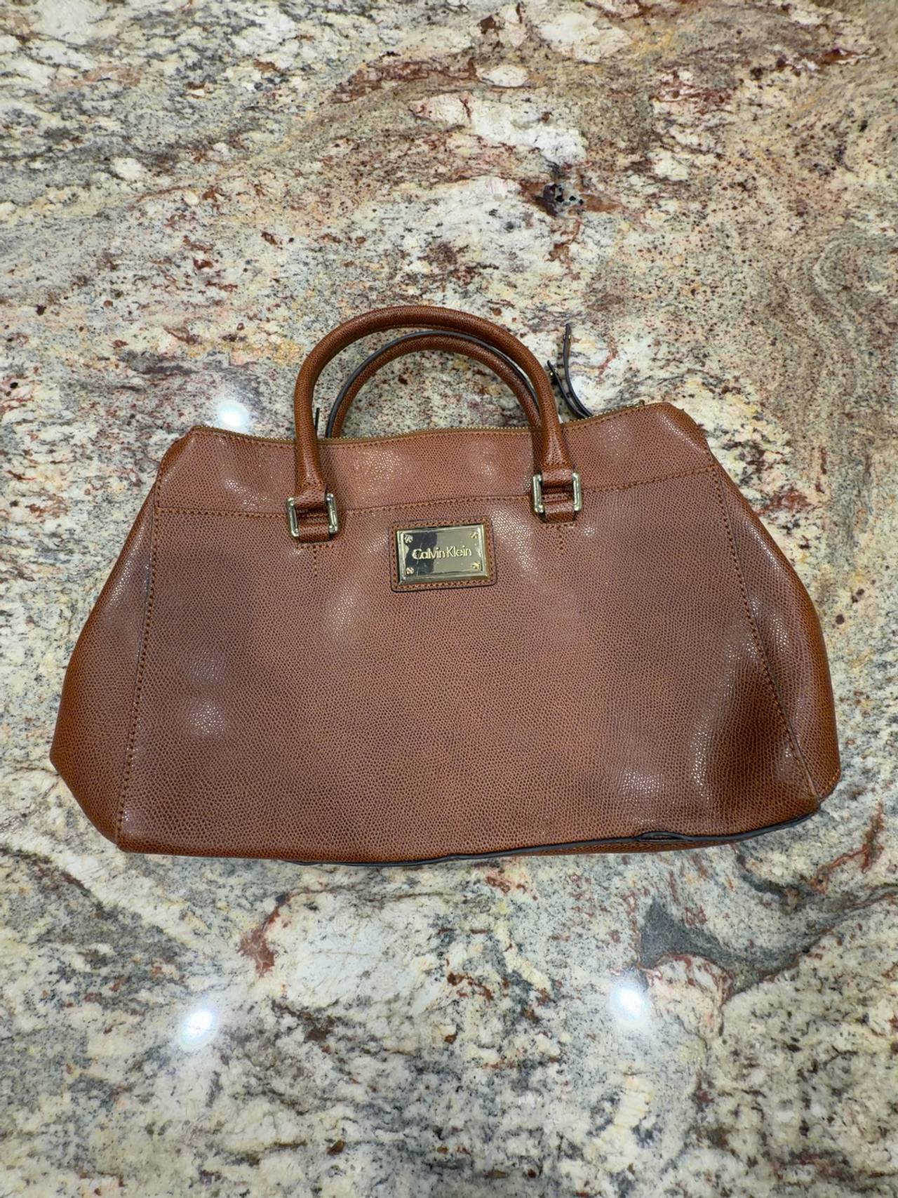 Calvin Klein Tan Pebbled Leather Handbag with Gold Accent
