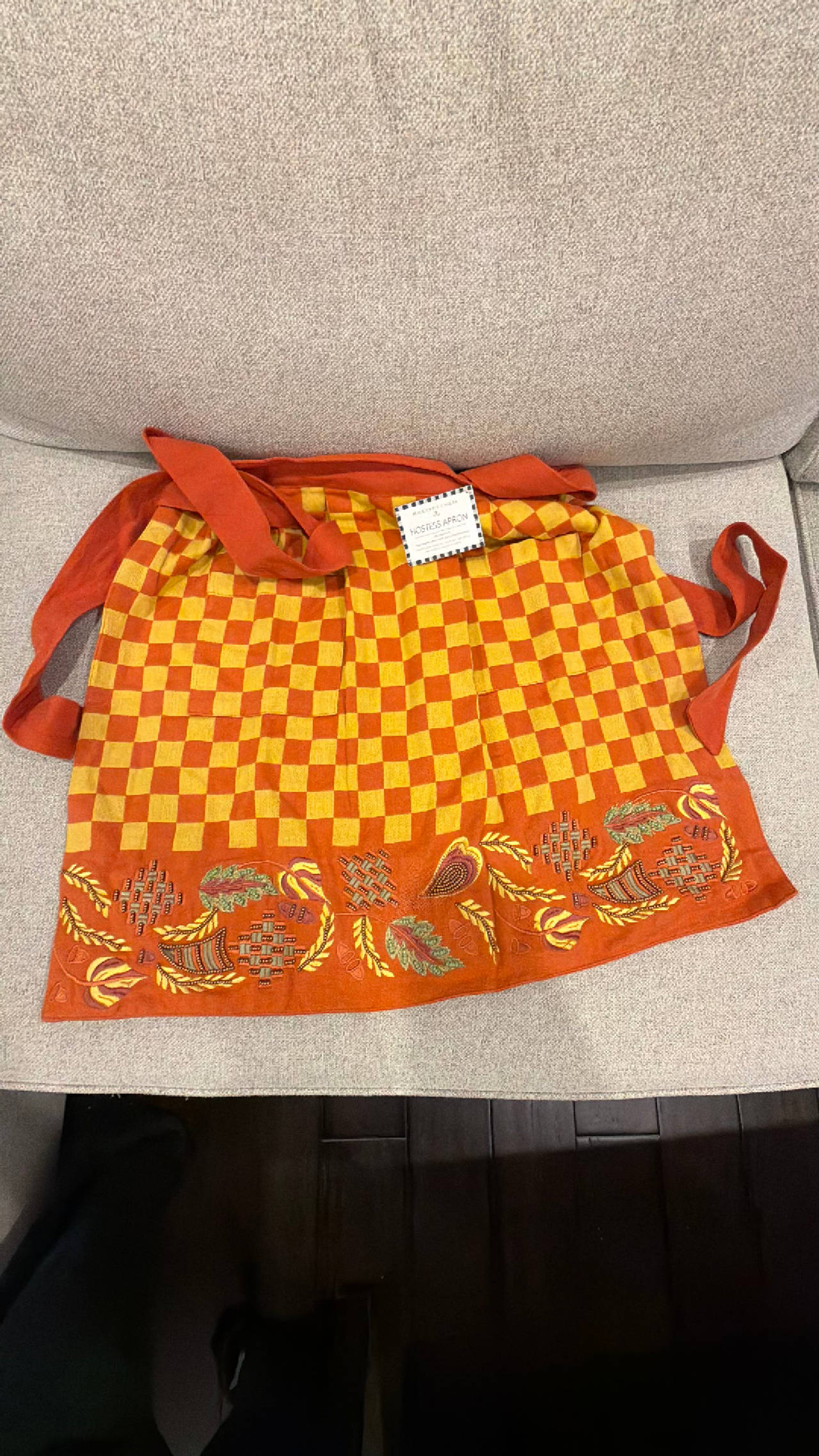 Mackenzie-Childs Hostess Apron - Checkered Orange and Yellow 26 x 21