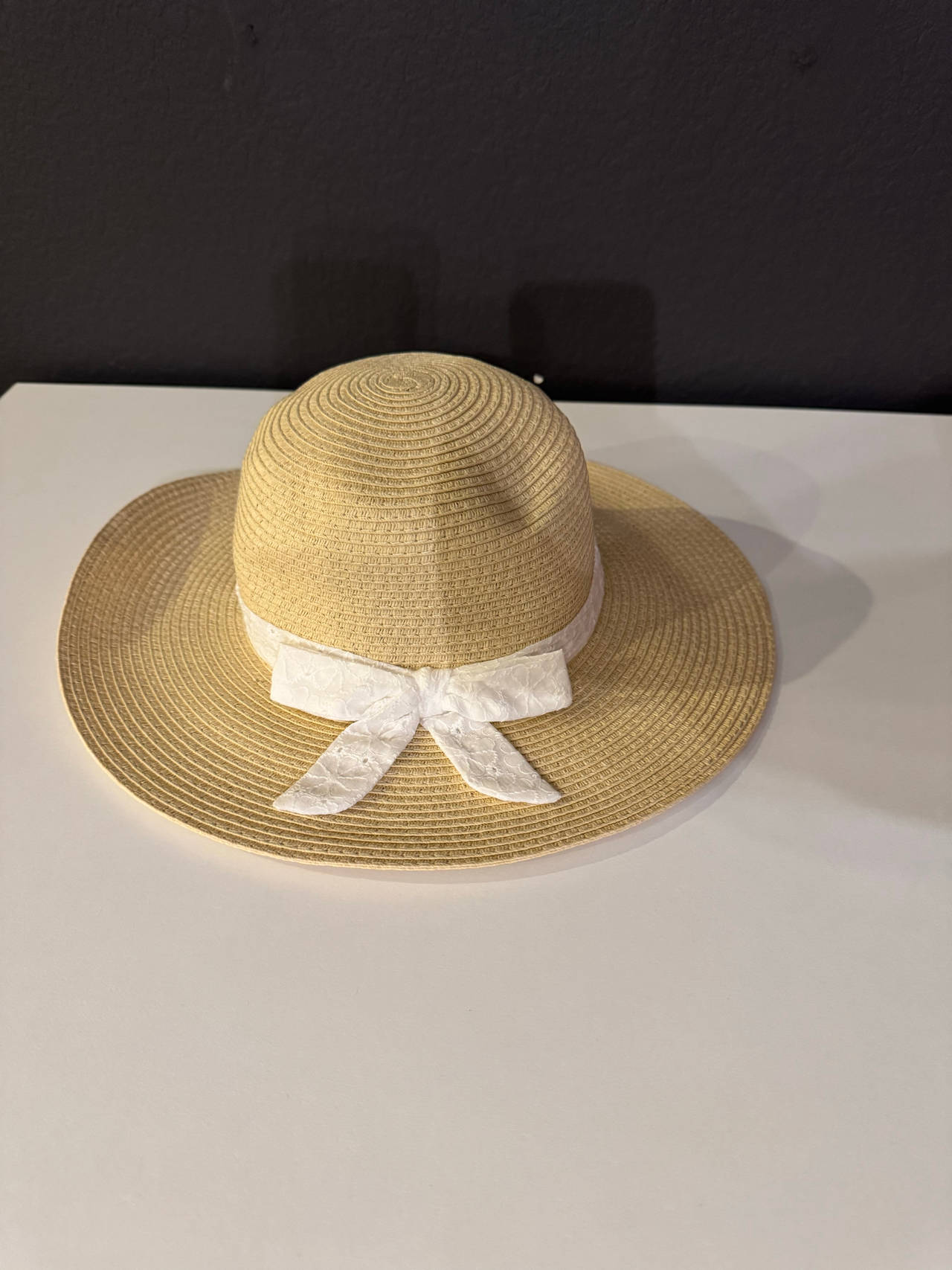 Wide Brim Straw Sun Hat with Lace Bow