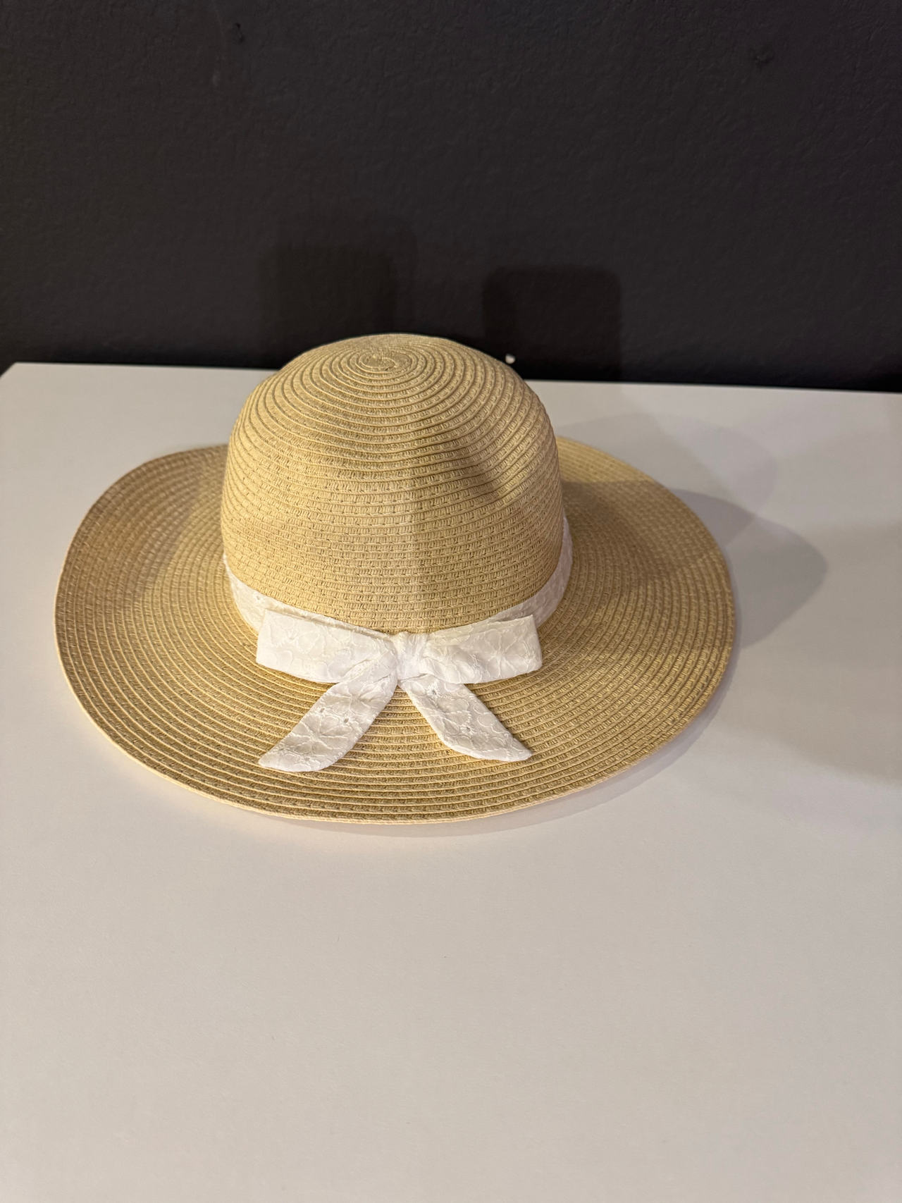 Wide Brim Straw Sun Hat with Lace Bow