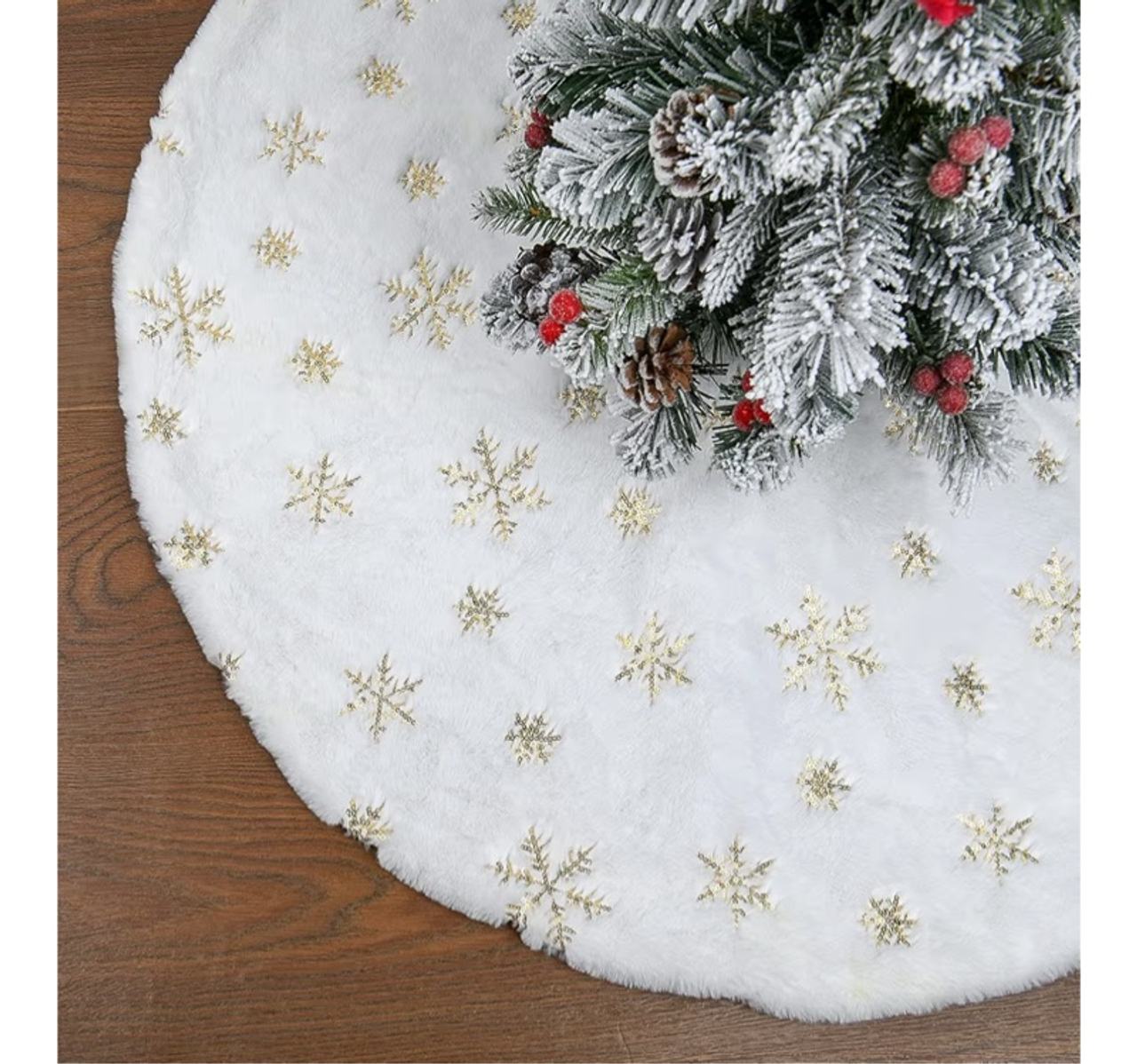 Faux Fur Christmas Tree Skirt,36 inches Luxury Tree Skirt with Gold Snowflake