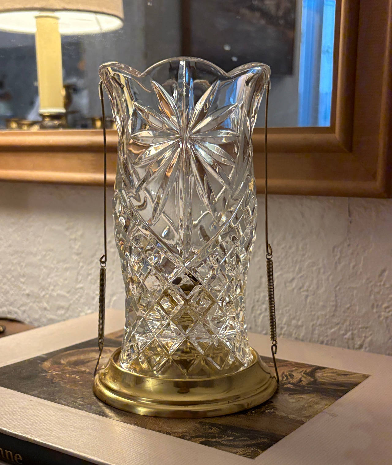 Crystal Hurricane Lamp with Brass Base