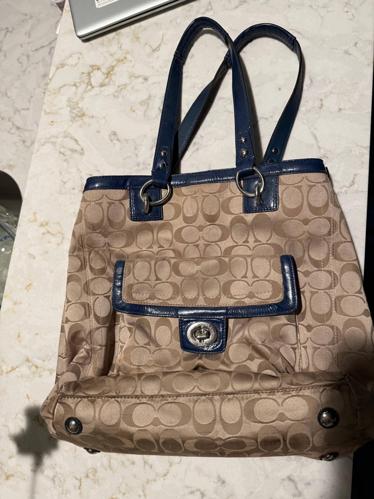 Coach Signature Hamptons Tote Bag with Blue Leather Trim