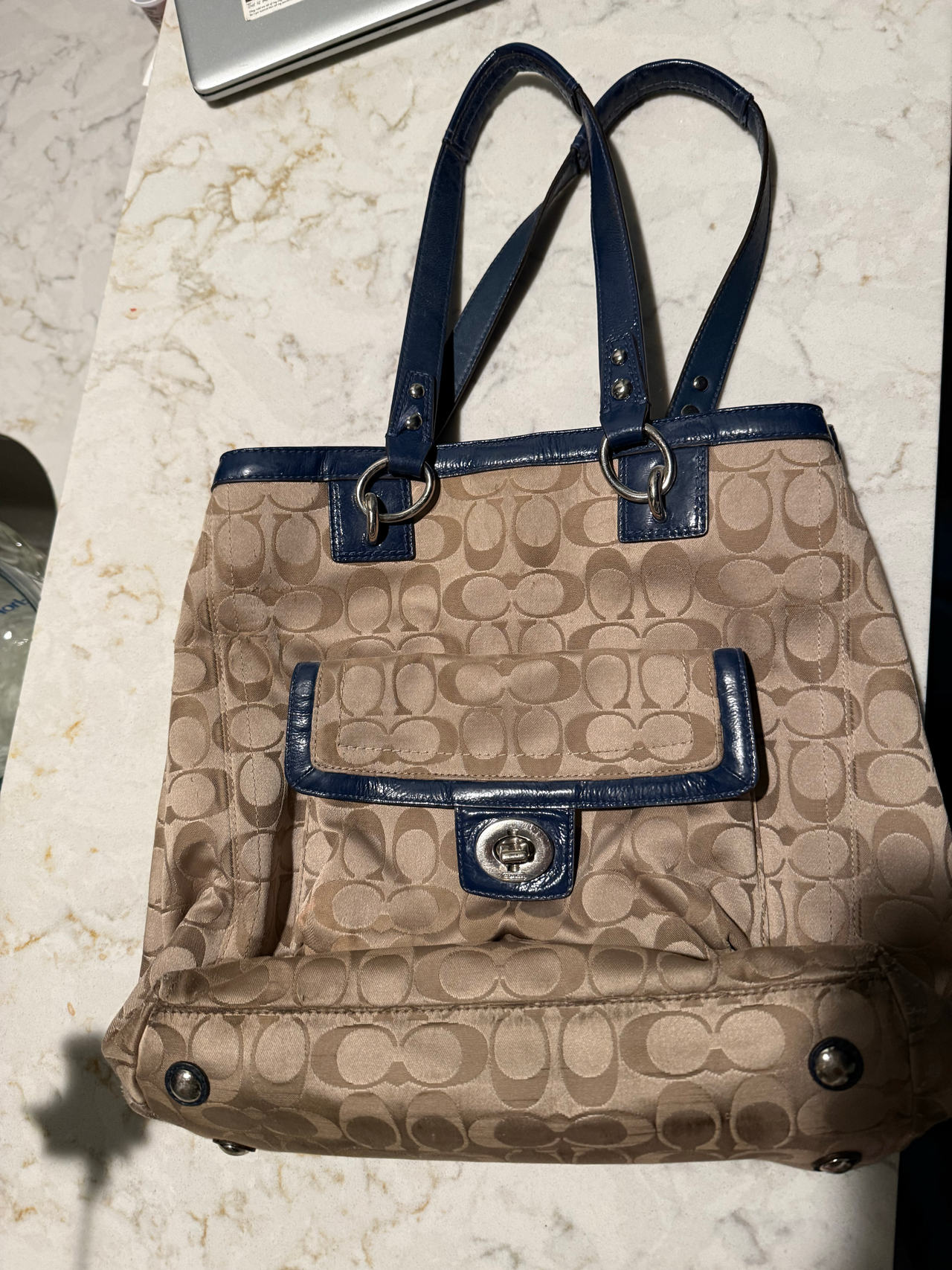 Coach Signature Hamptons Tote Bag with Blue Leather Trim