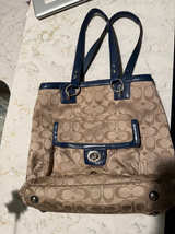 Coach Signature Hamptons Tote Bag with Blue Leather Trim - Image 1