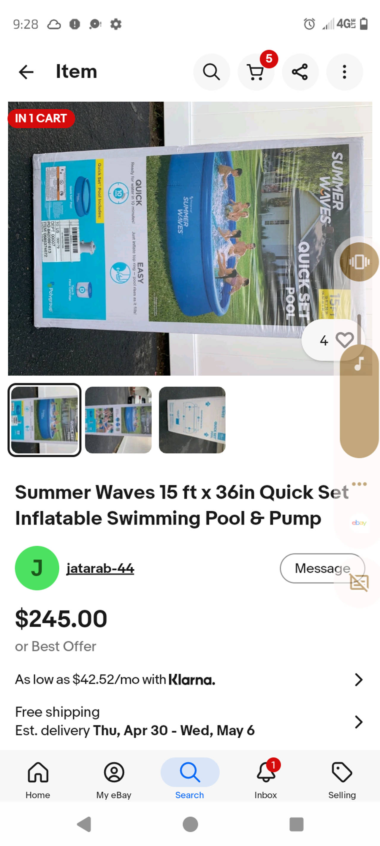 Summer Waves 15ft x 36in Quick Set Inflatable Above Ground Pool with Filter Pump