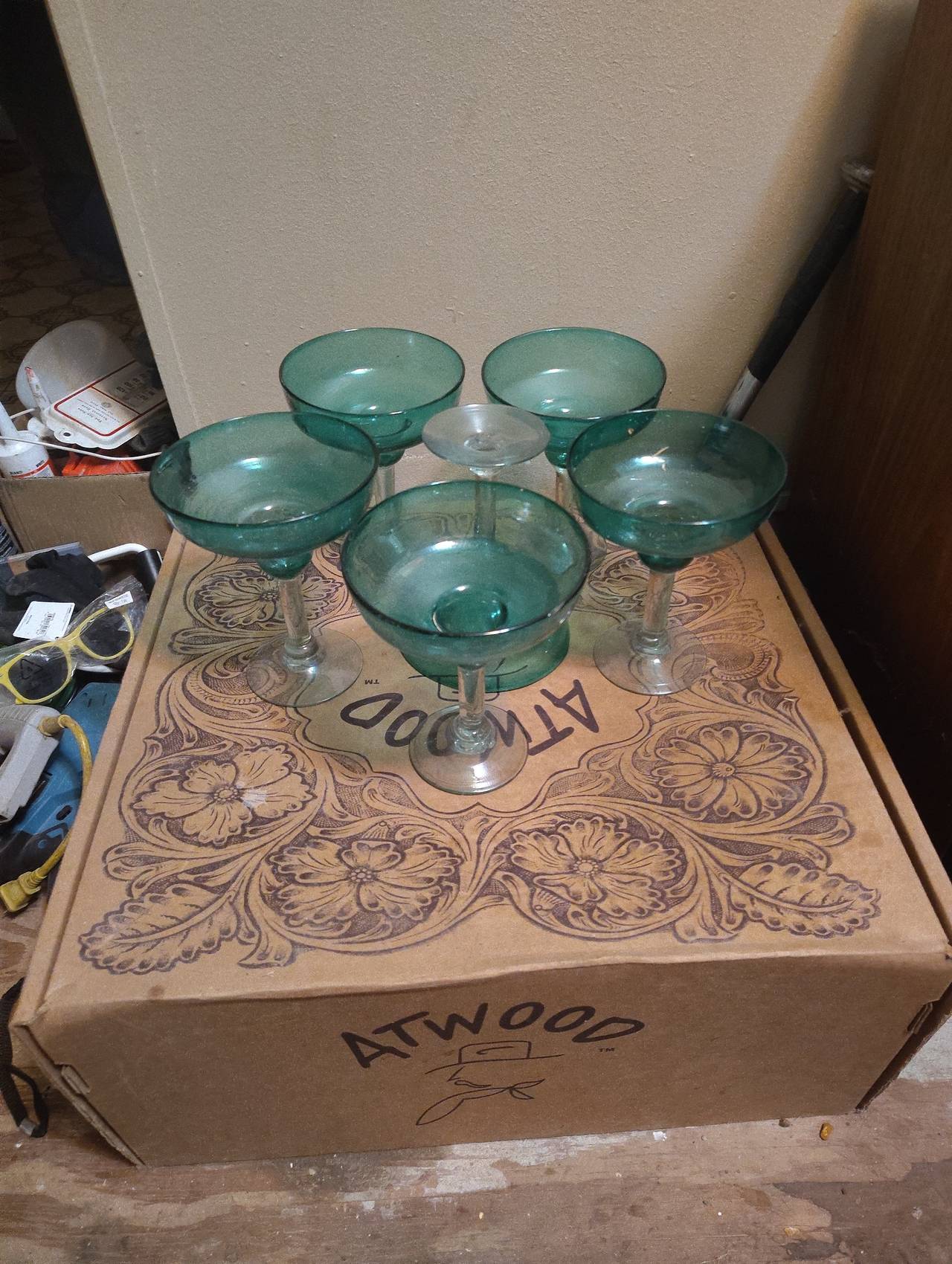 Hand Blown Teal Margarita Glasses Set of 6