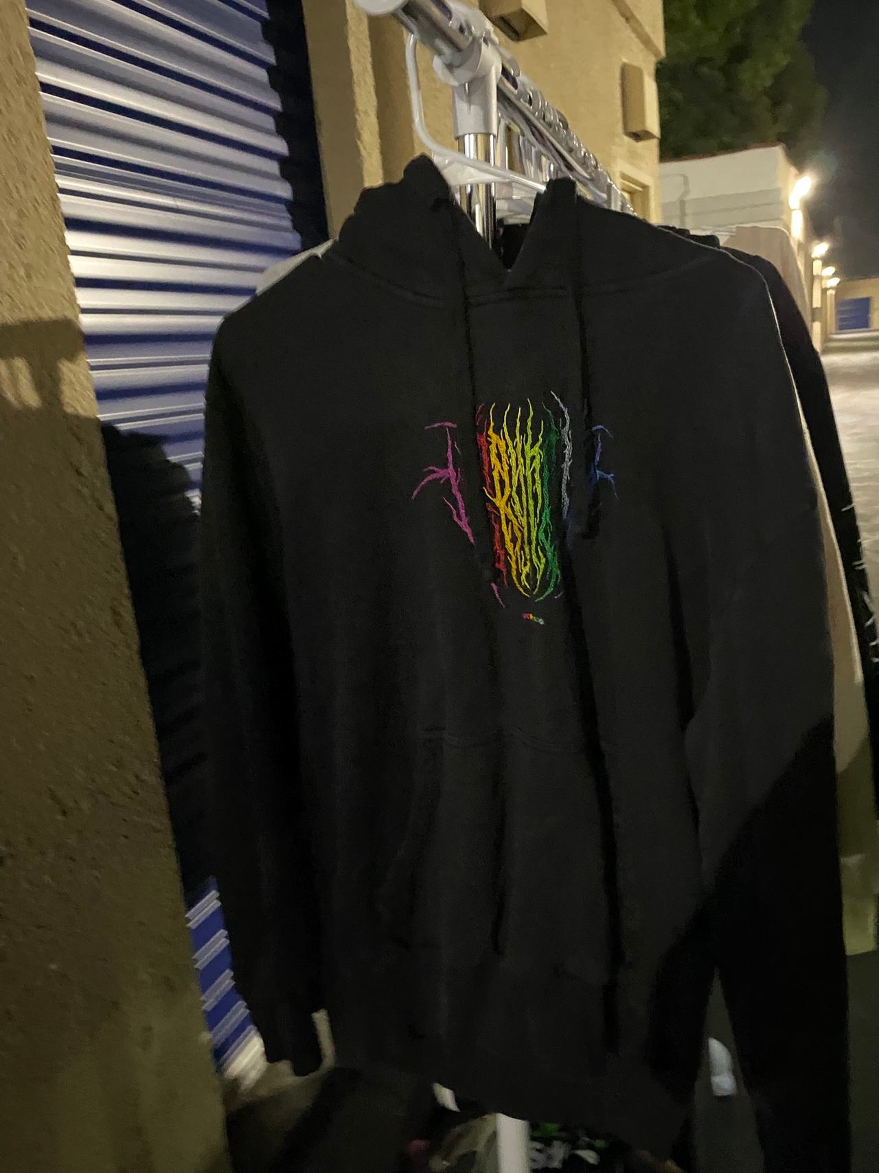 Black Hoodie with Rainbow Flame Embroidery