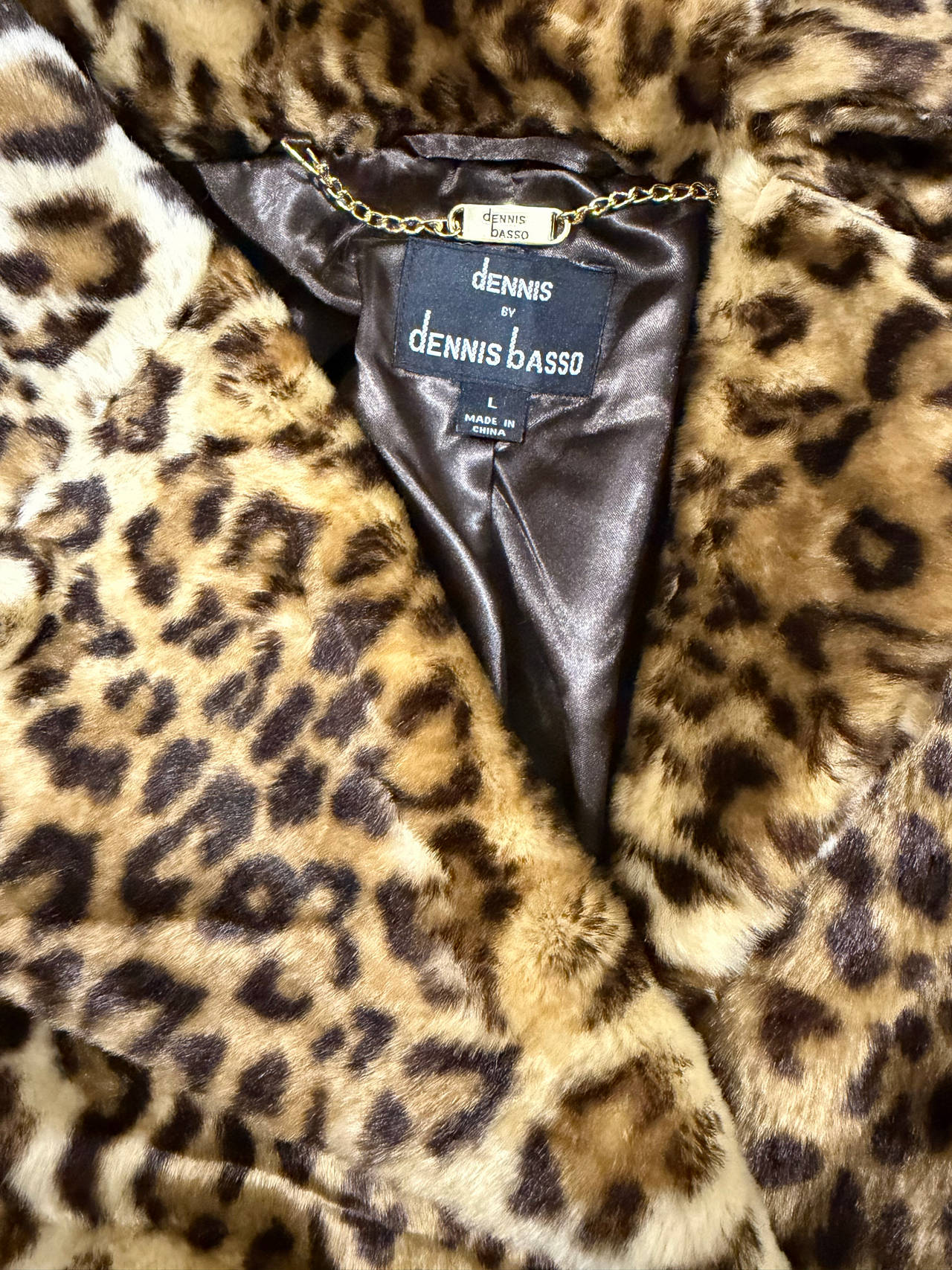 Dennis Basso Faux Fur Leopard Print Coat Size L