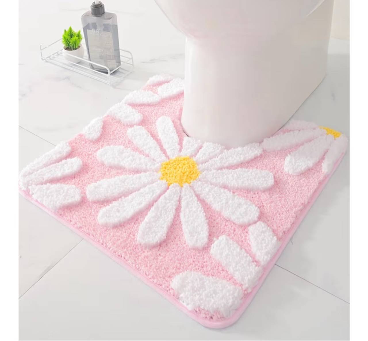 QJHOMO Toilet Rugs U Shaped, Pink Toilet Mat Cute Daisy Contour Bath Rug 18"x18"