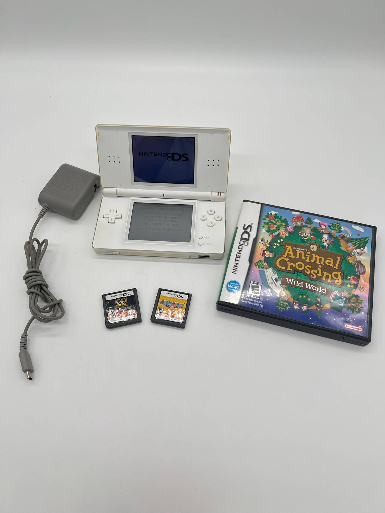 Nintendo DS Lite White Bundle w/ Charger, Animal Crossing Wild World + 2 games