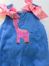 The Bailey Boys Girls Periwinkle Corduroy Romper with Pink Giraffe Appliqué 3M - Image 5
