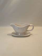 Vintage Courtyard White Ceramic Gravy Boat with Floral Pattern - Image 1