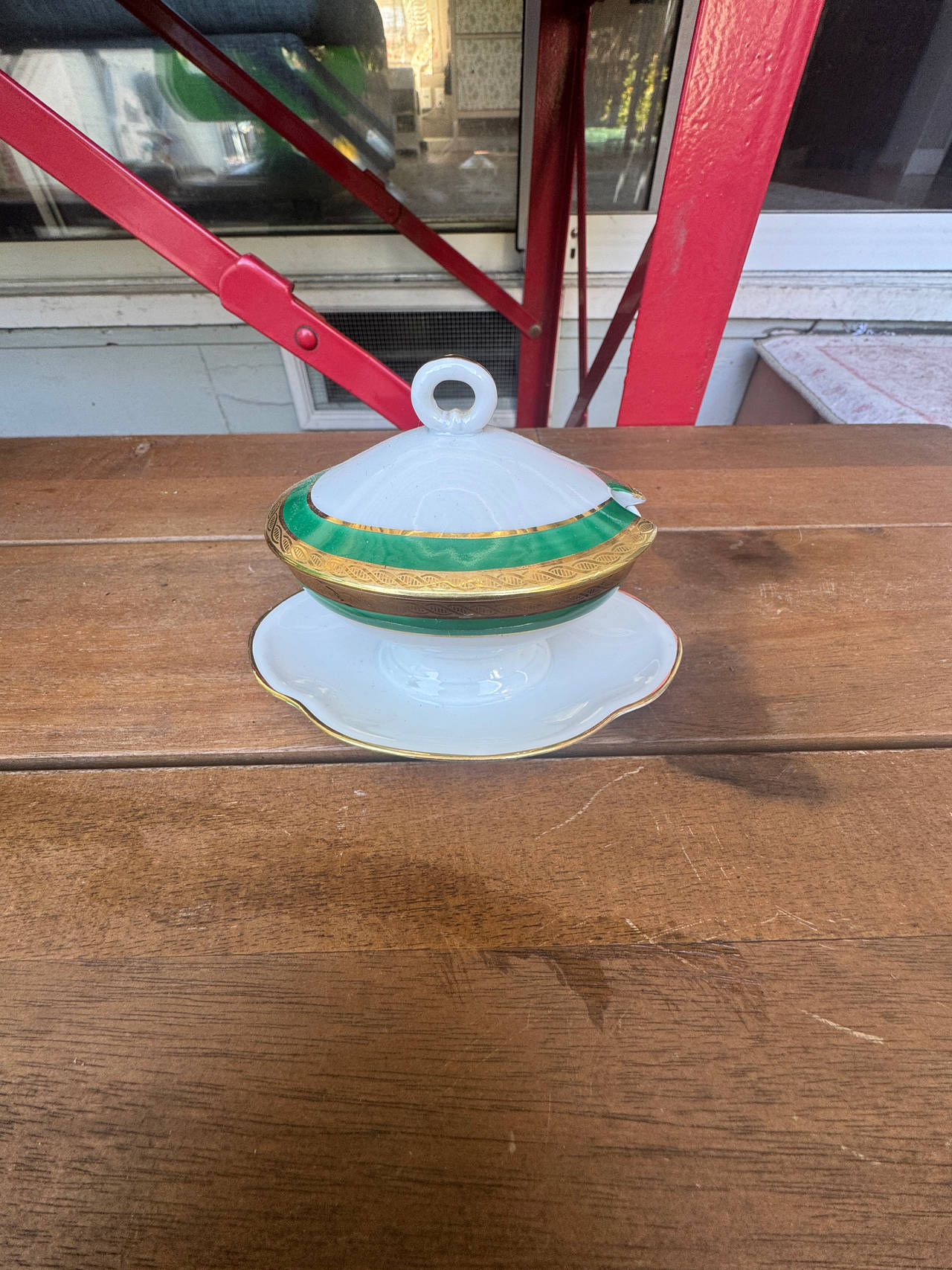 Richard Ginori Green Trim Gravy Boat with Lid and Underplate
