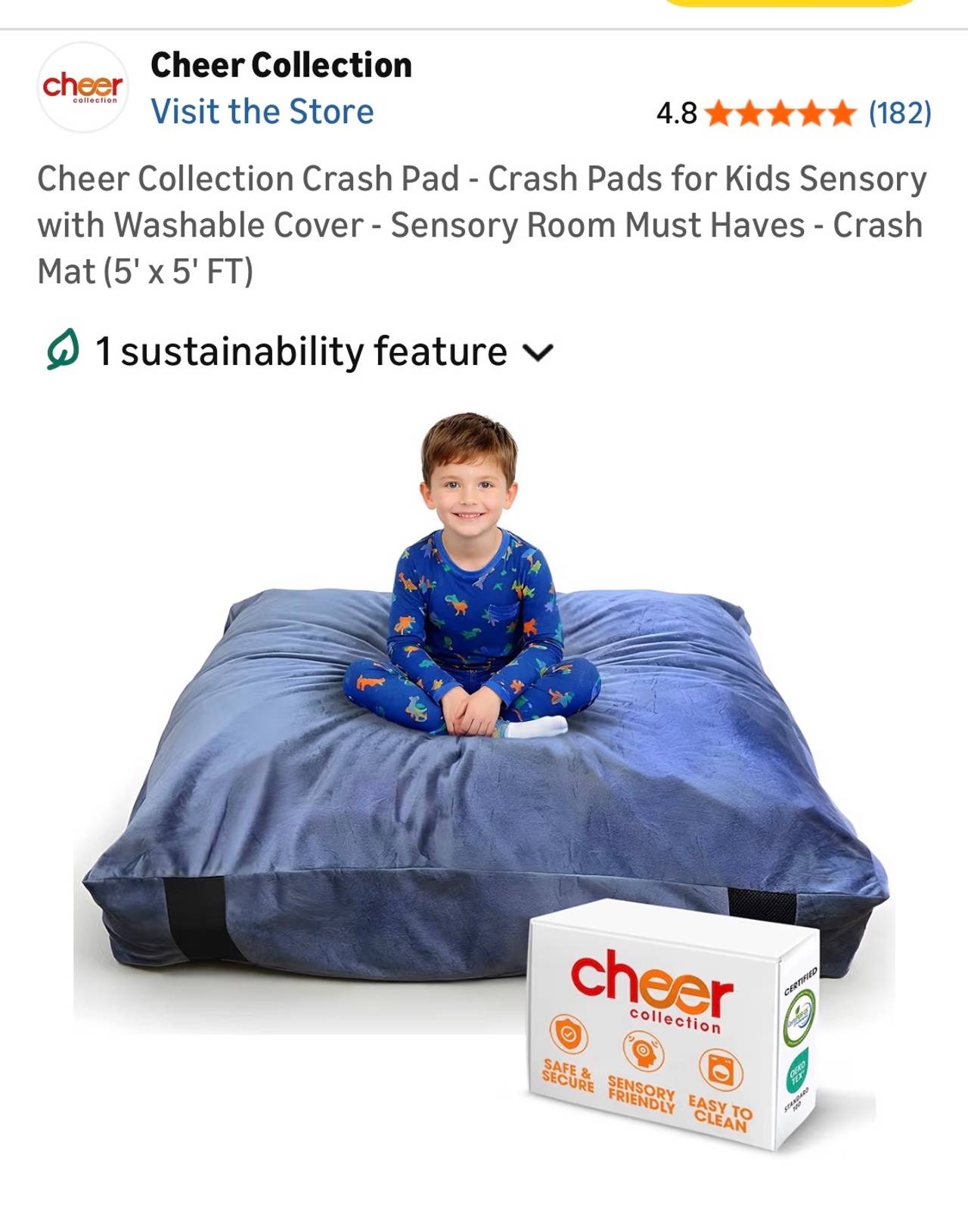 Cheer Collection 5x5 Kids Sensory Crash Pad with Washable Cover