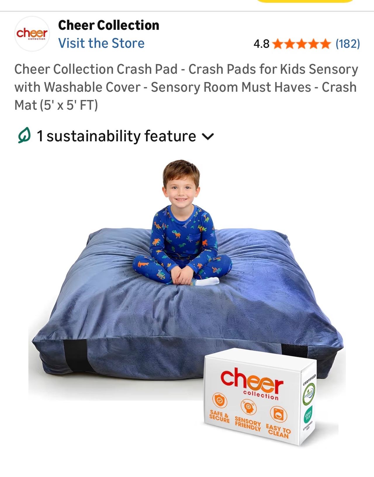Cheer Collection 5x5 Kids Sensory Crash Pad with Washable Cover