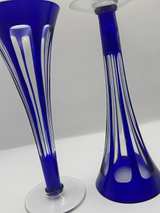 Vintage Cobalt Blue Cut to Clear Glass Trumpet Vases - Image 3