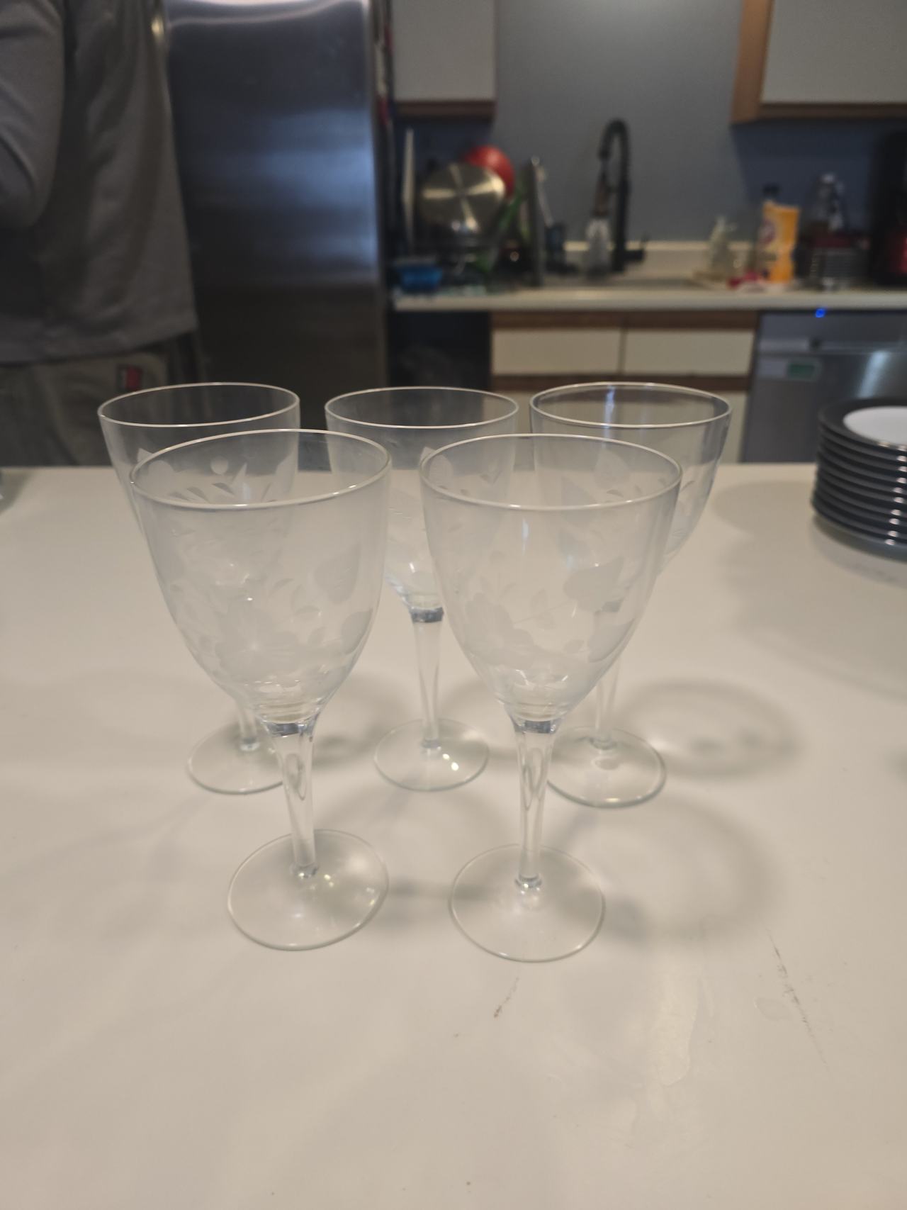 Vintage Etched Floral Wine Glasses Set of 5