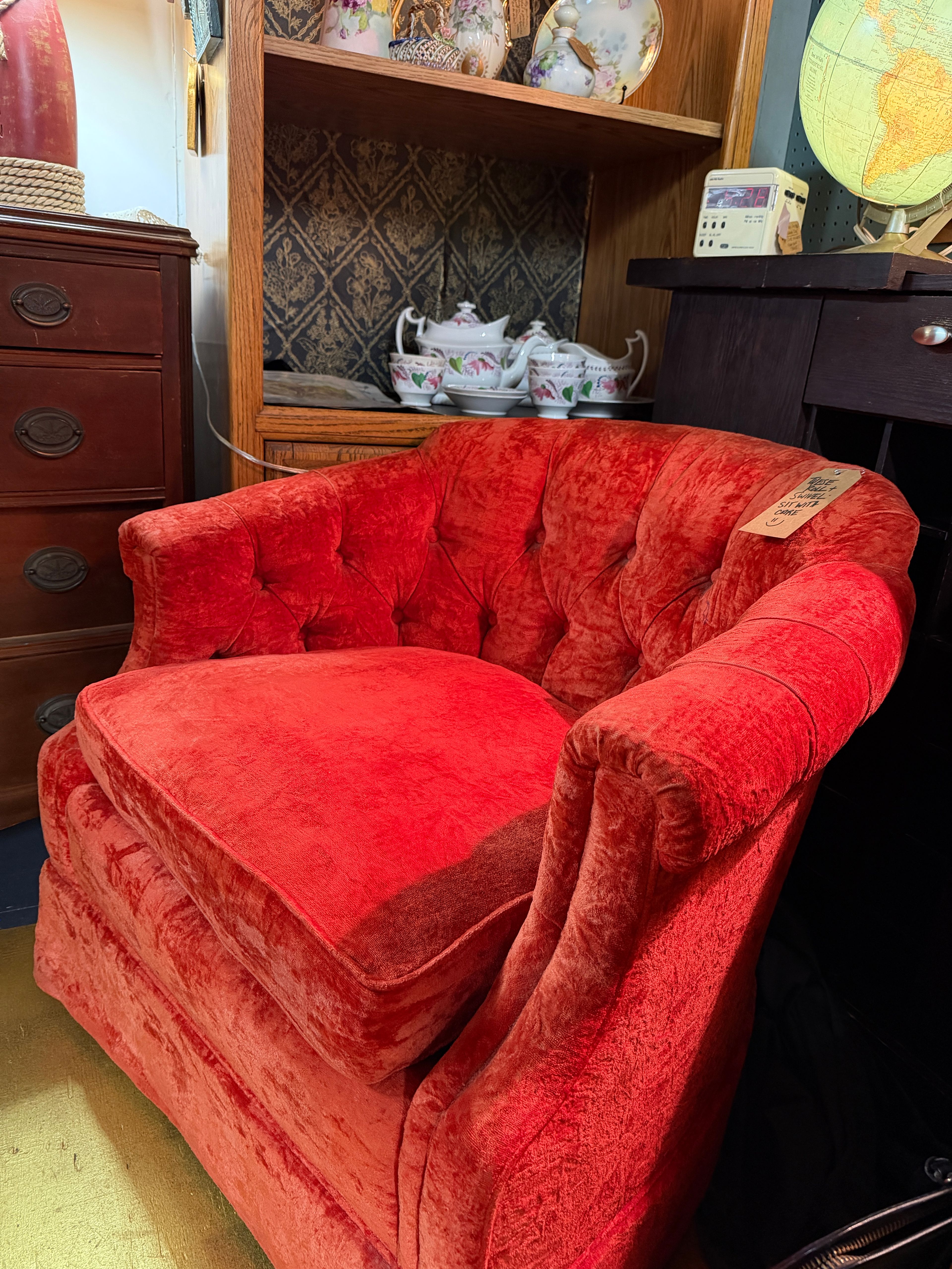 Pair of Mid-Century Modern Red Velvet Swivel Chairs - Image 5