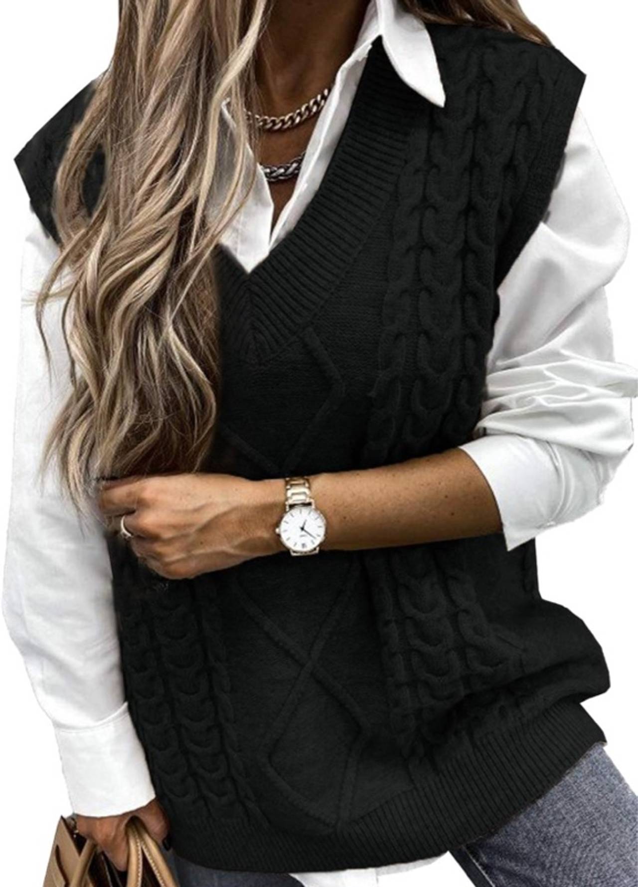 EVALESS Oversized Sweater Vest Women Size Large V Neck Sleeveless Solid Color