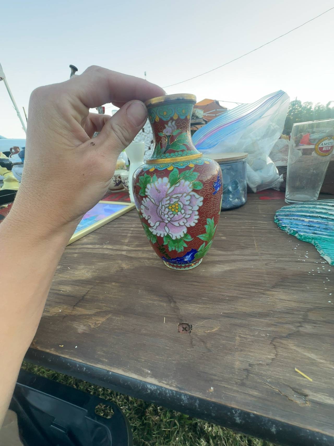 Chinese Cloisonné Red Floral Vase