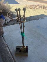 Vintage Brass Fireplace Tool Set with Stand - Image 1