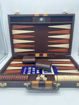 Vintage HIC Handcraft Backgammon Set Complete 18.25” Travel Case Brown Tan - Image 1