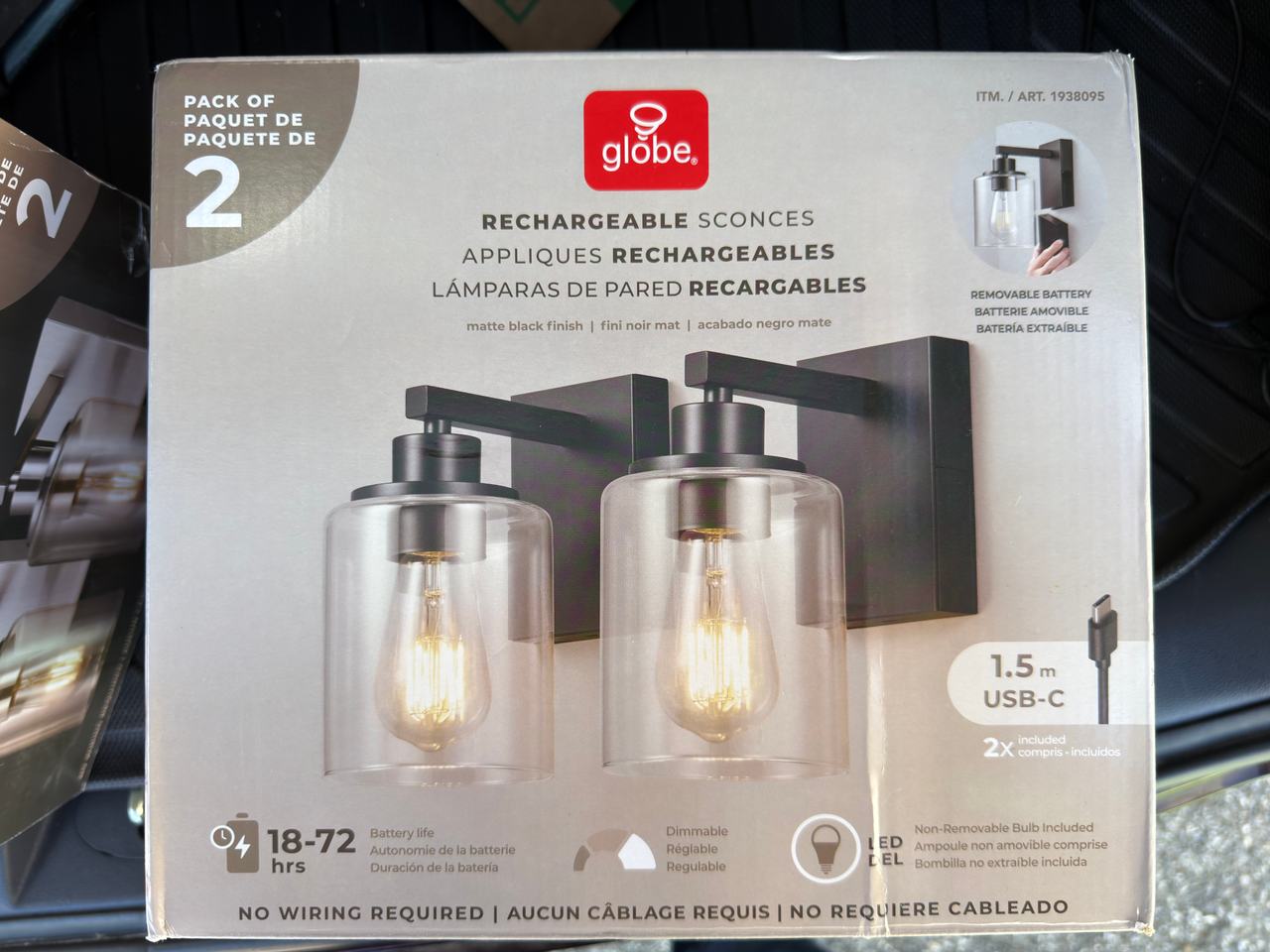 Globe Electric Rechargeable Matte Black Sconces 2-Pack