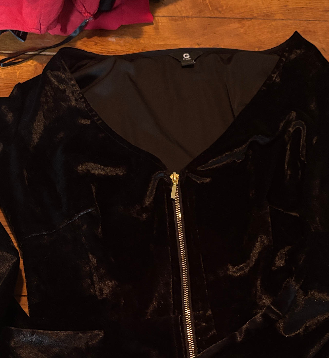 G by Guess Black Velvet Zip Front Top