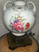 Vintage Floral Porcelain And Brass Table Lamp with Double Pull Chain - Image 2