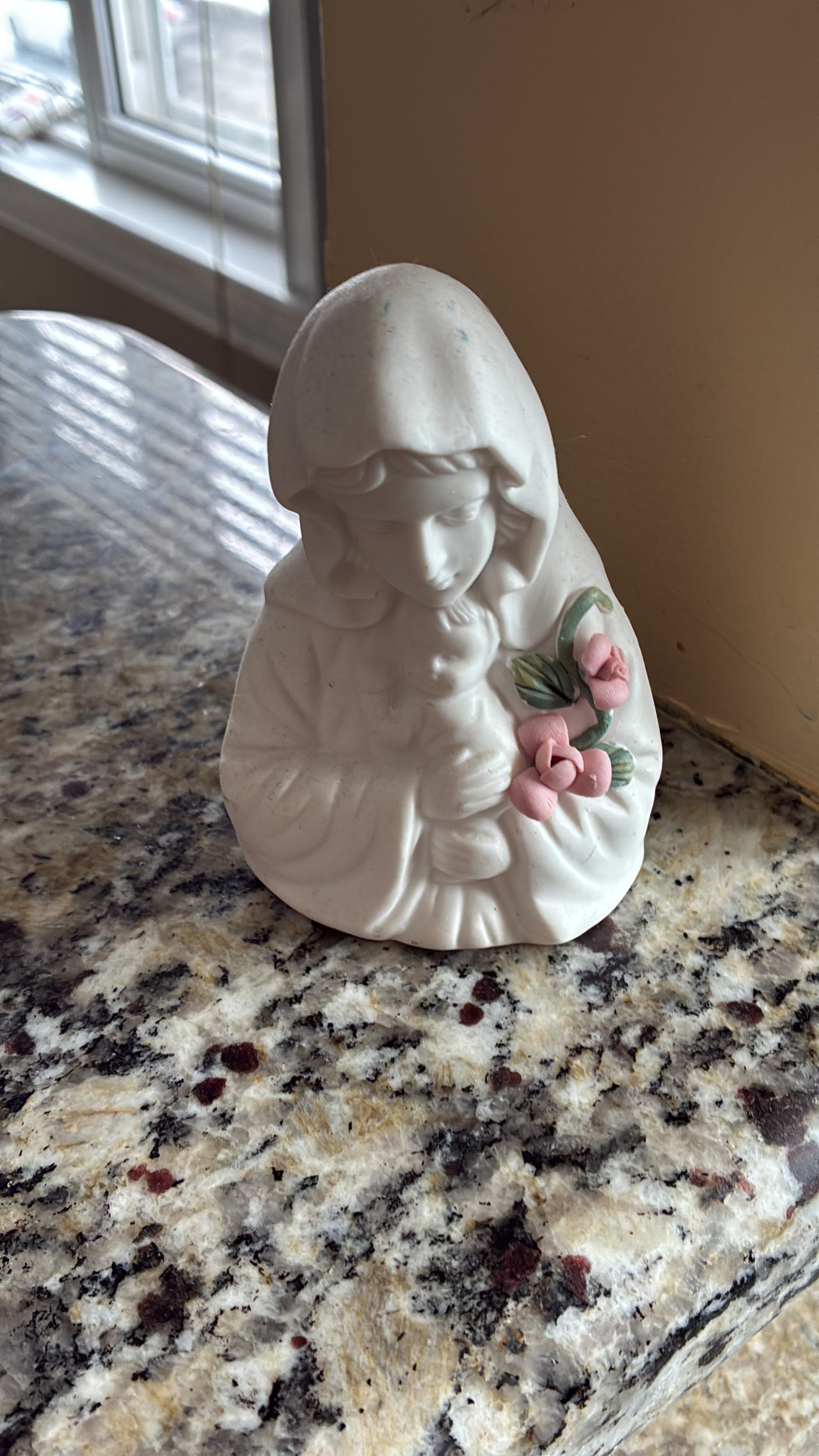 Madonna and Child Porcelain Figurine with Pink Flowers