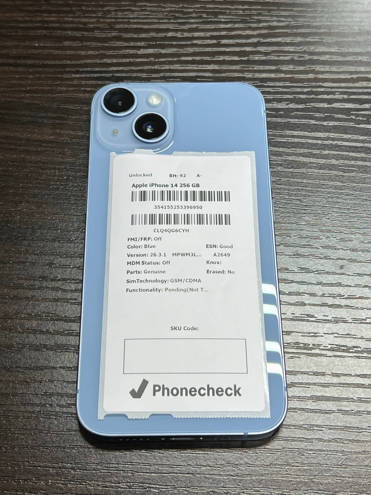 Apple iPhone 14 256GB Blue unlocked 92% battery health