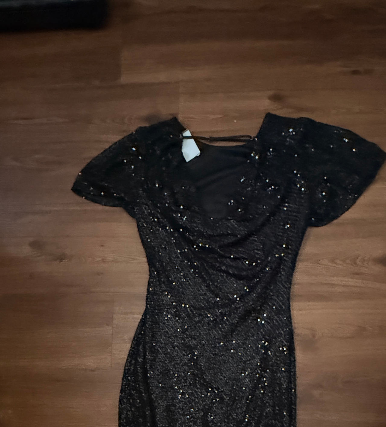 Black Sequin Flutter Sleeve Cowl Neck Dress