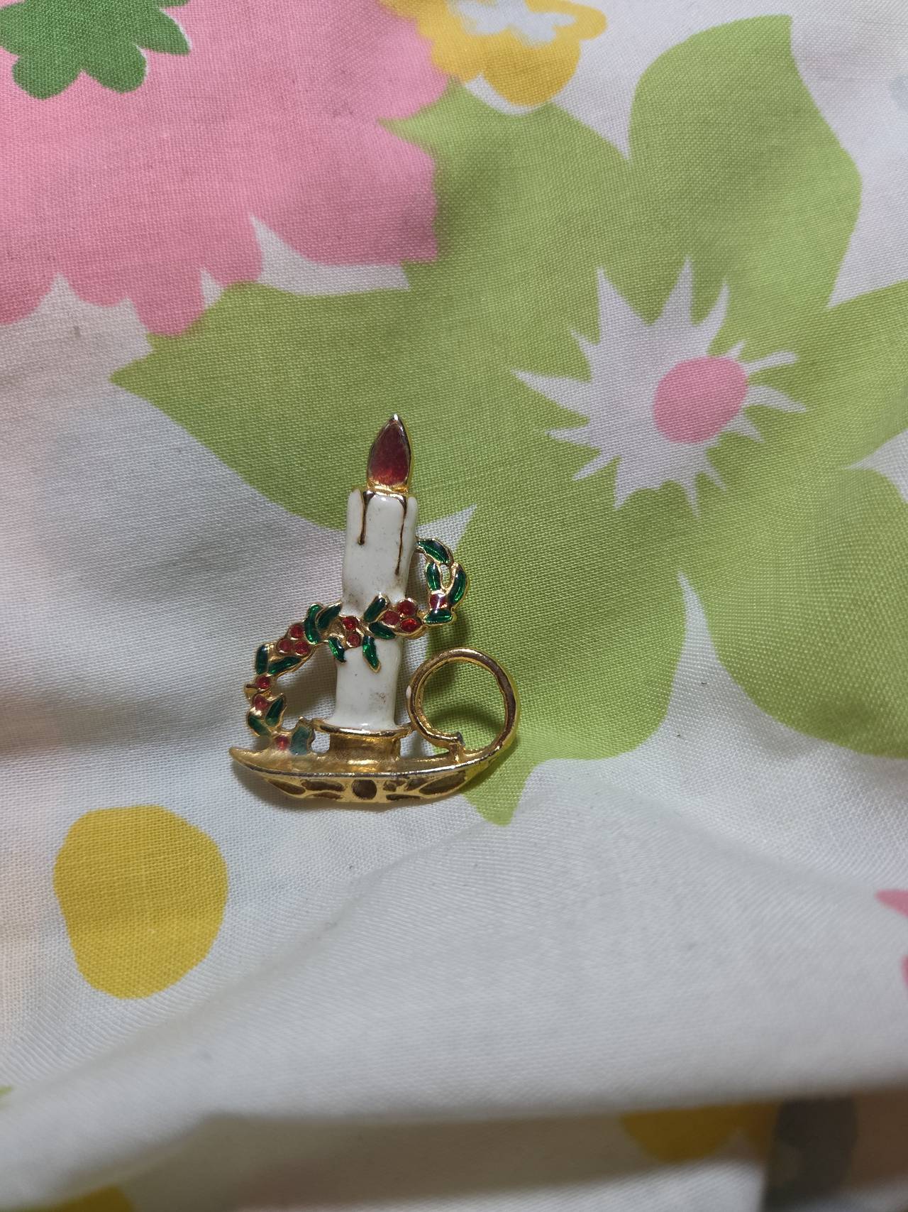 Vintage Christmas Candle Enamel Brooch Pin