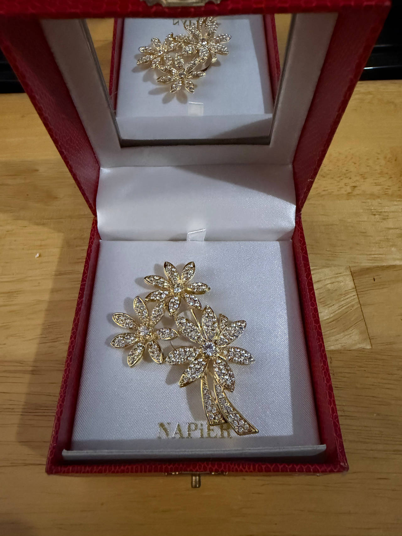 Napier Gold-Tone Rhinestone Triple Flower Brooch