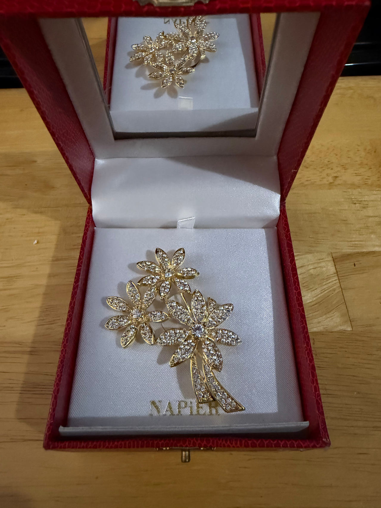 Napier Gold-Tone Rhinestone Triple Flower Brooch
