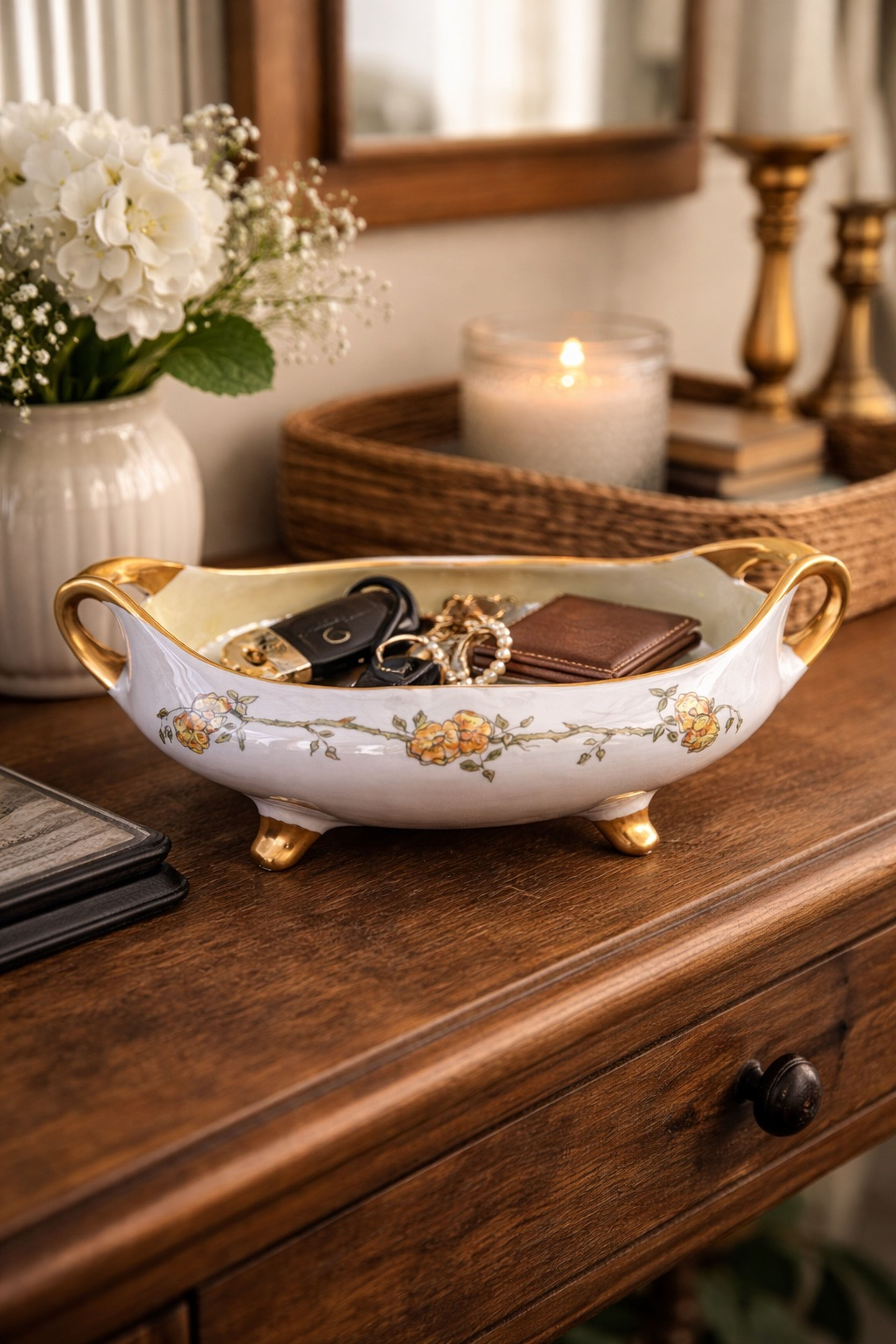 Vintage Porcelain Footed Bowl with Gold Handles Floral Centerpiece Trinket Bowl - Image 9