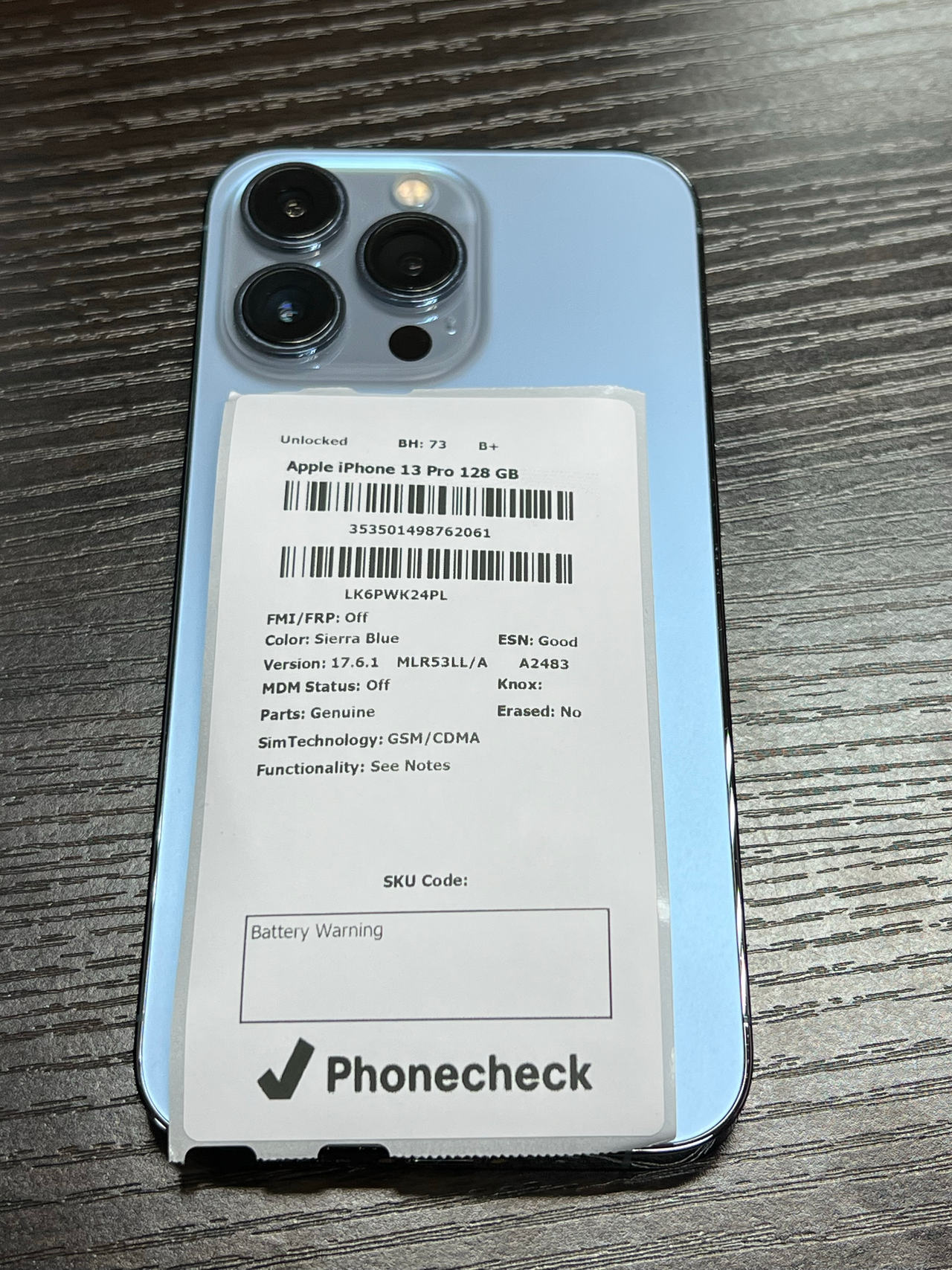 Apple iPhone 13 Pro 128GB Sierra Blue unlocked 73% battery health