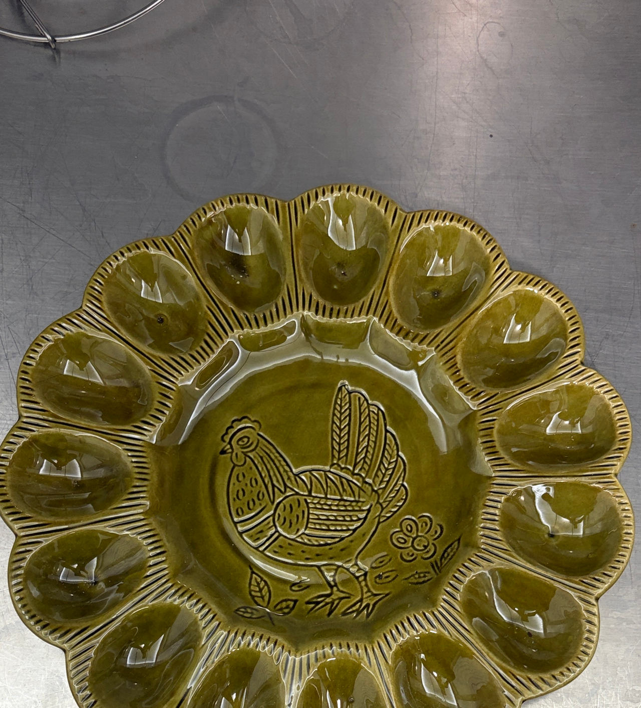 Vintage Olive Green Ceramic Deviled Egg Plate with Chicken Design