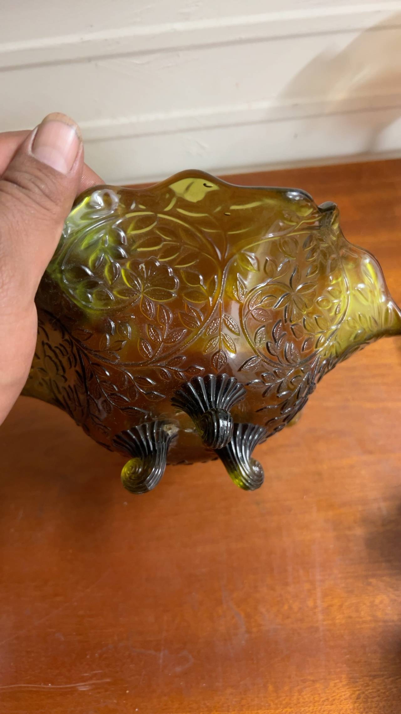 Anchor Hocking Green Carnival Glass Footed Bowl