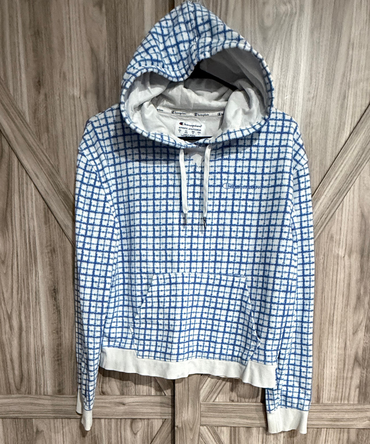 Champion Women's Grid Print Hoodie Medium blue and white