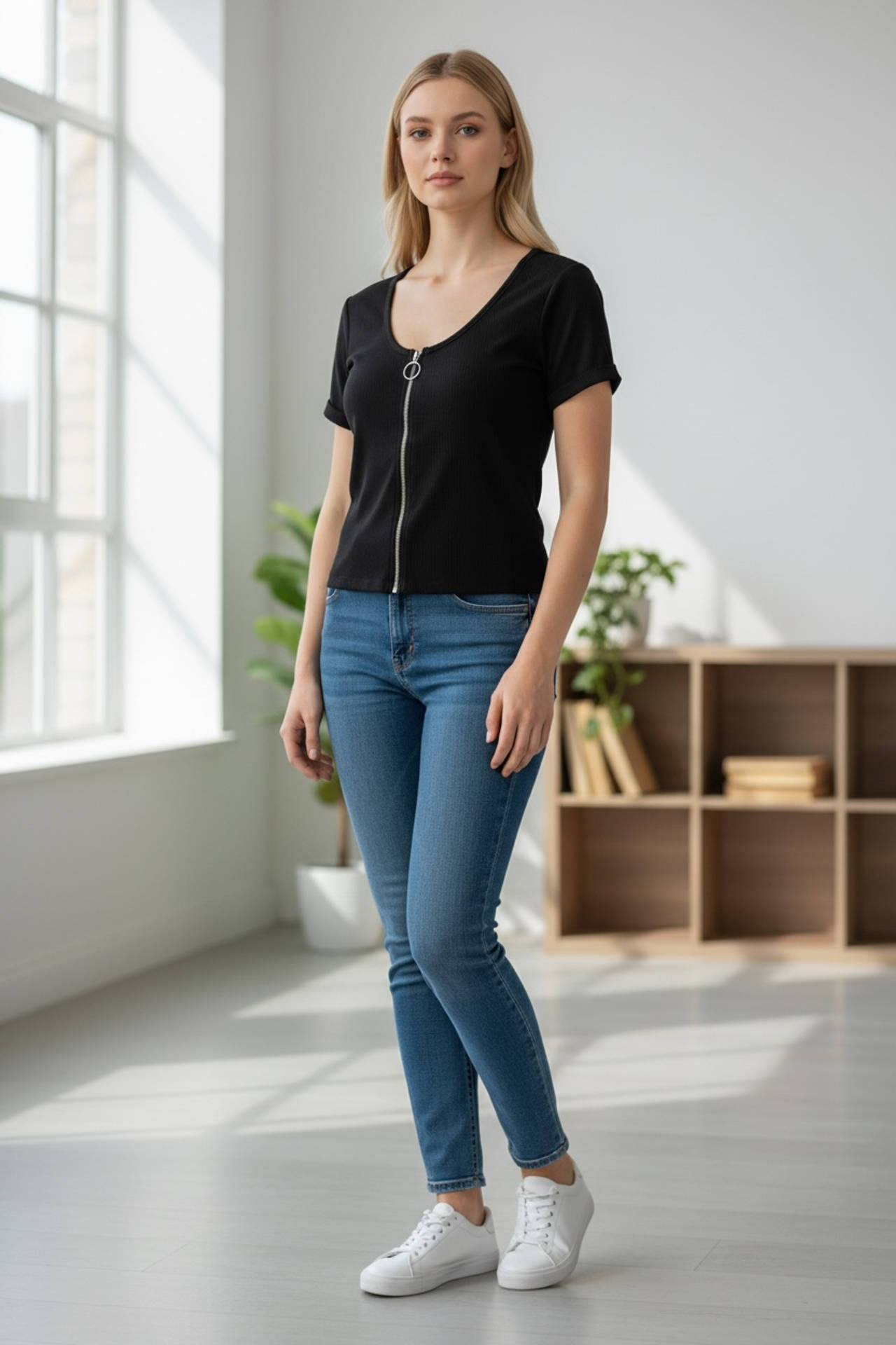 Women's Black Short Sleeve Ring Zipper Front Top