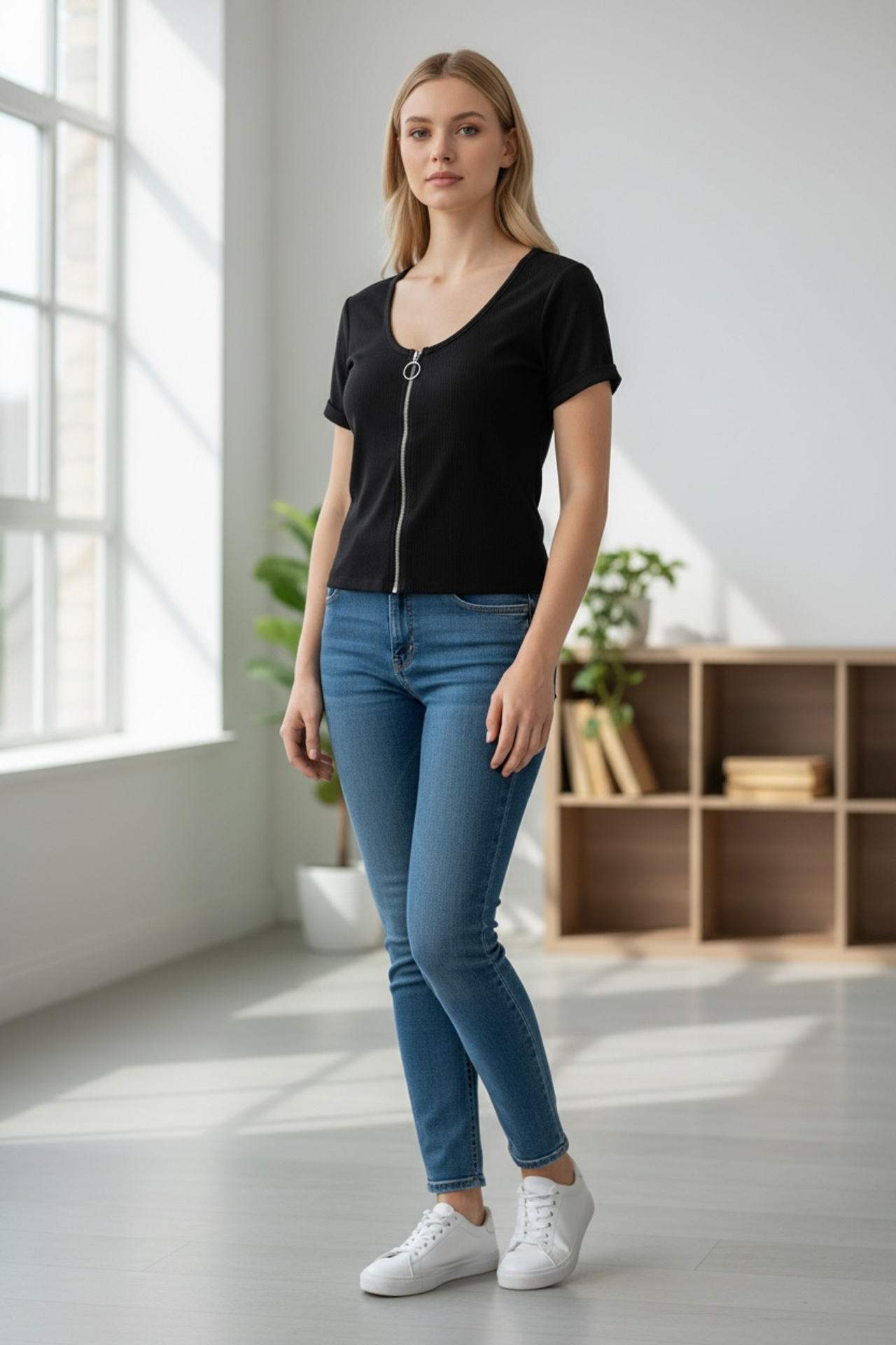 Women's Black Short Sleeve Ring Zipper Front Top