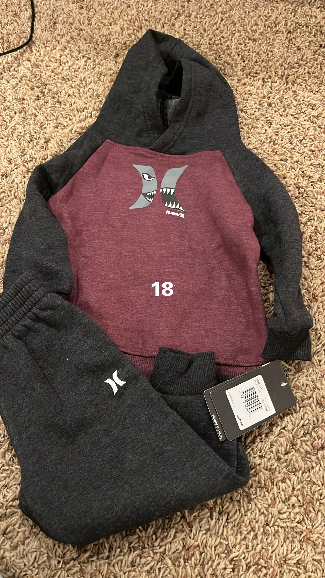 Hurley Toddler Shark Hoodie and Jogger Set 18 months