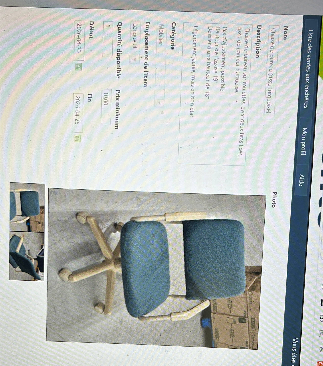 Chaise de bureau en tissu turquoise avec accoudoirs fixes