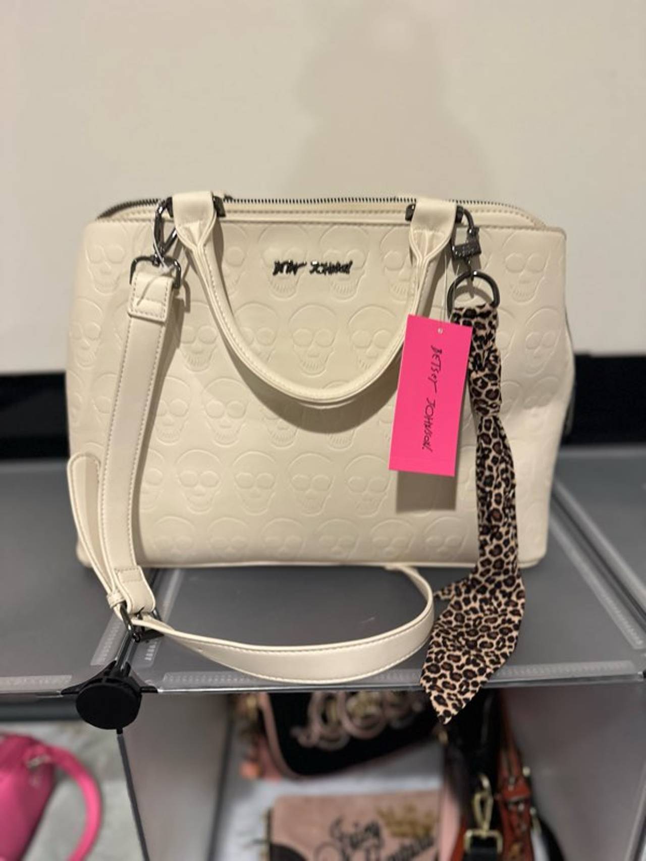 Betsey Johnson Skull Embossed Satchel with Leopard Scarf